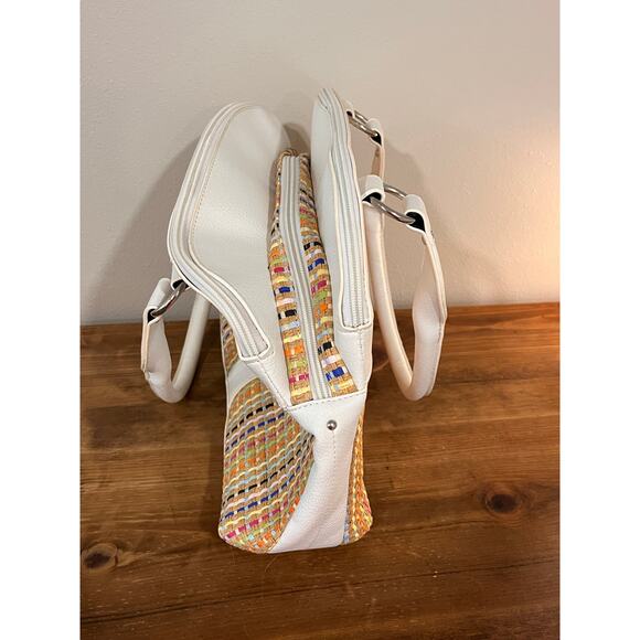 Stone Mountain Multicolor Straw Satchel Bag White Faux Leather Trim - Picture 8 of 16